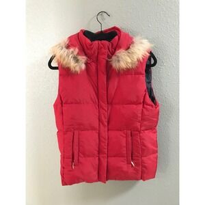 Liz Claiborne Red Puffer Vest Small Faux Fur Hood Après Ski Winter Chic